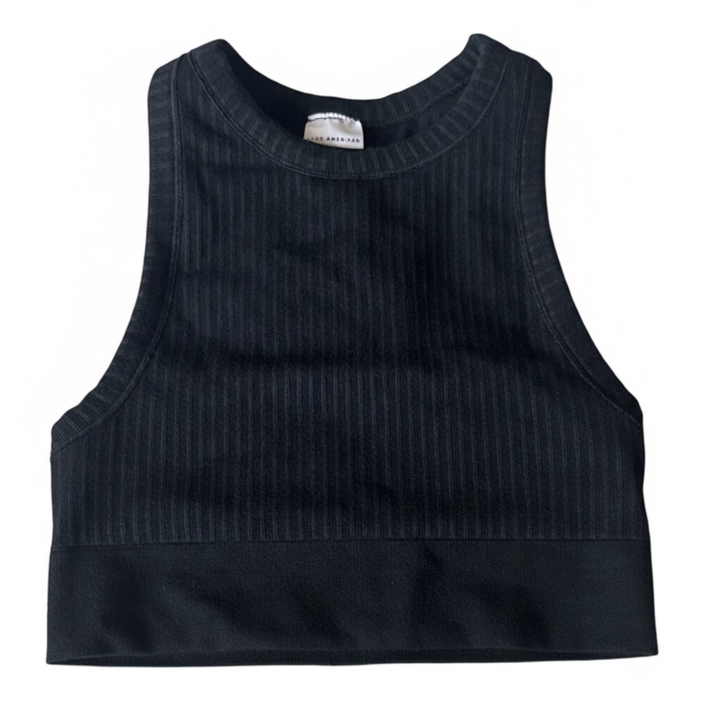 Good American High Neck Seamless Ribbed Crop Top Tank Bra Black 00/0